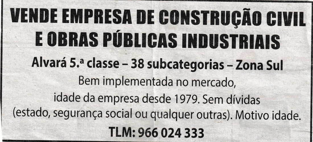 Vende-se empresa de Construção Civil  com Alvará da 5ª Classe