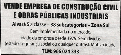 Vende-se empresa de Construção Civil  com Alvará da 5ª Classe